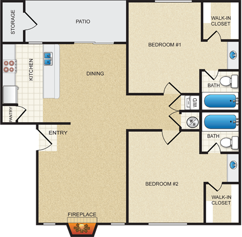 Floor plan for 2 beds, 2 baths, 972 sqft